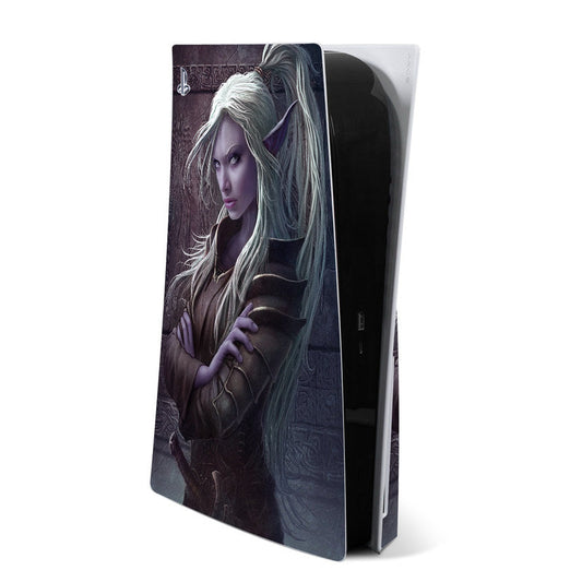 PS5 console skin with fantasy portrait of a woman and long blue-gray hair