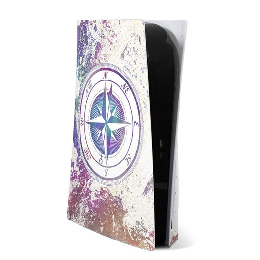 PS5 console skin with distressed compass rose design, purple and teal on light background