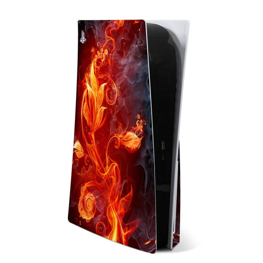 Sony PS5 skin decal with fiery orange flower and flame swirl design