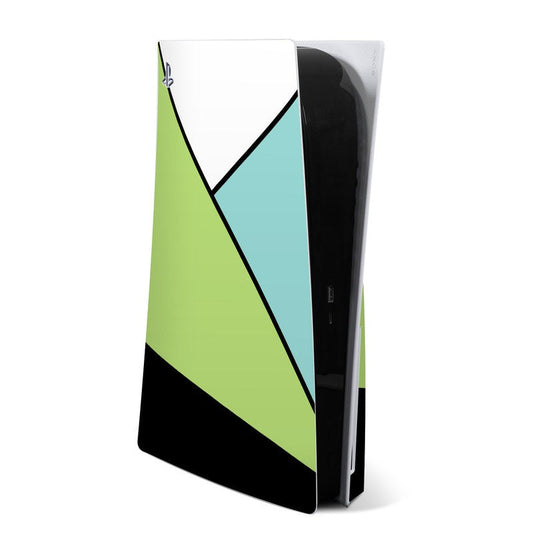 PS5 console skin with geometric green, teal, white, and black panel design