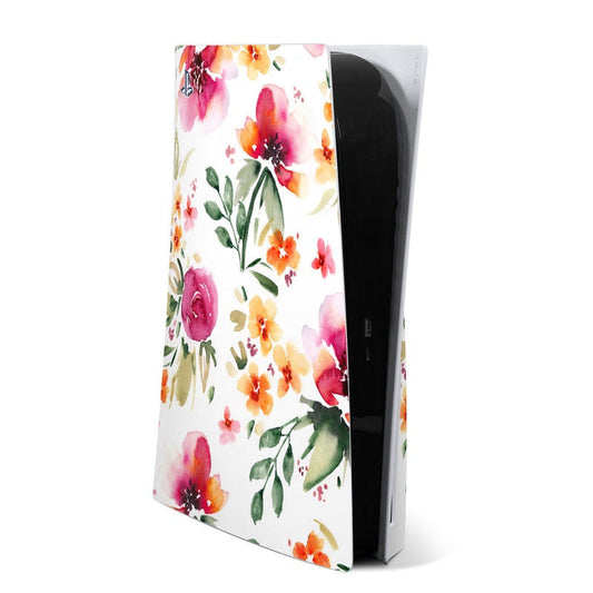 PS5 console skin with colorful watercolor flowers and leaves on a white background