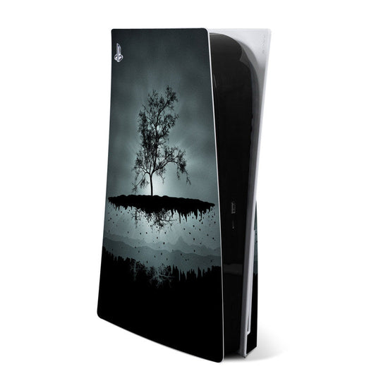 Sony PS5 skin in black with tree silhouette and splatter artwork