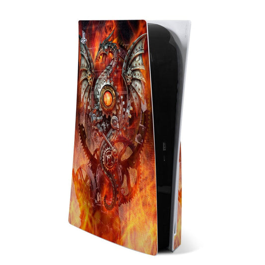 PS5 console skin featuring a fiery dragon armor design in orange and red