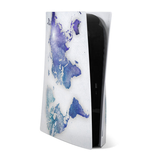 PS5 console skin with blue abstract splatter pattern on light base