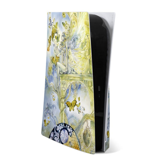 PS5 console skin, pastel blue-green artwork with butterflies and ornate motifs