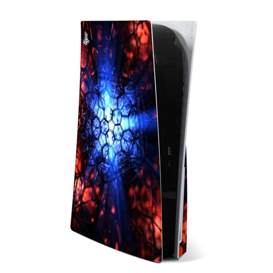 Sony PS5 skin with red and blue geometric pattern, glossy panel wrap