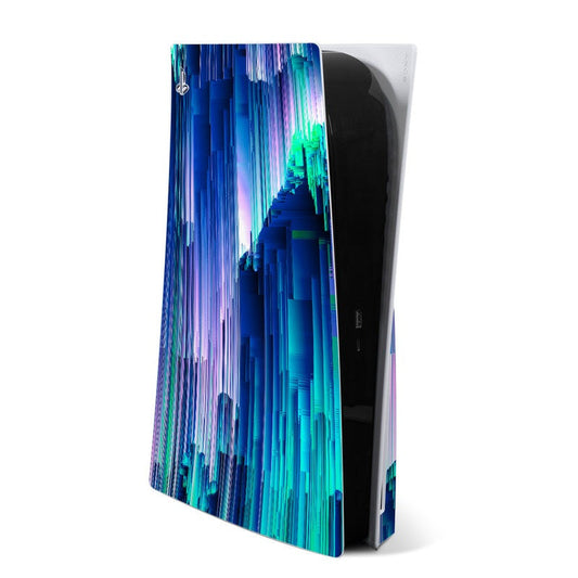 PS5 console skin with blue and teal glitch city artwork, full-body wrap design