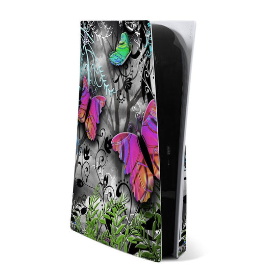 PlayStation 5 skin sheet with black gothic forest butterflies and neon leaves design