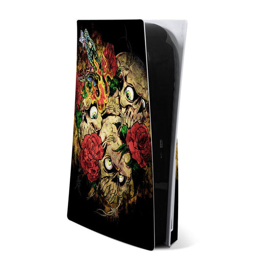 PlayStation 5 console skin with black base, gothic cartoon faces and red roses