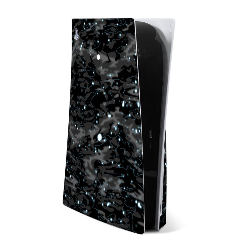 PS5 console skin with black base and blue/white cosmic pattern, matte finish