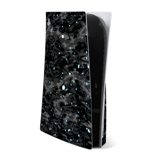 PS5 console skin with black base and blue/white cosmic pattern, matte finish