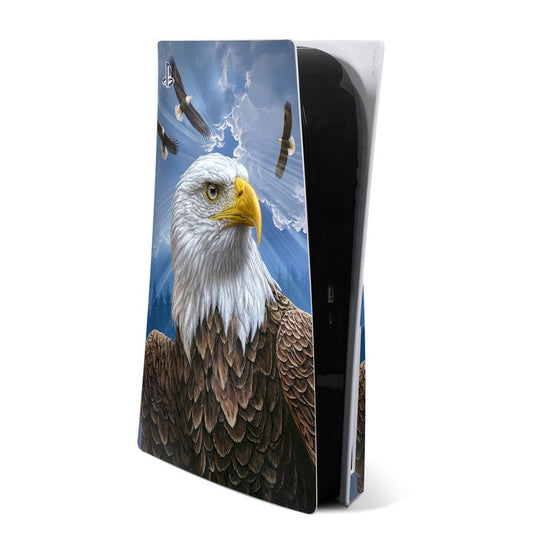 PlayStation 5 skin with eagle graphic on blue, covering the console sides