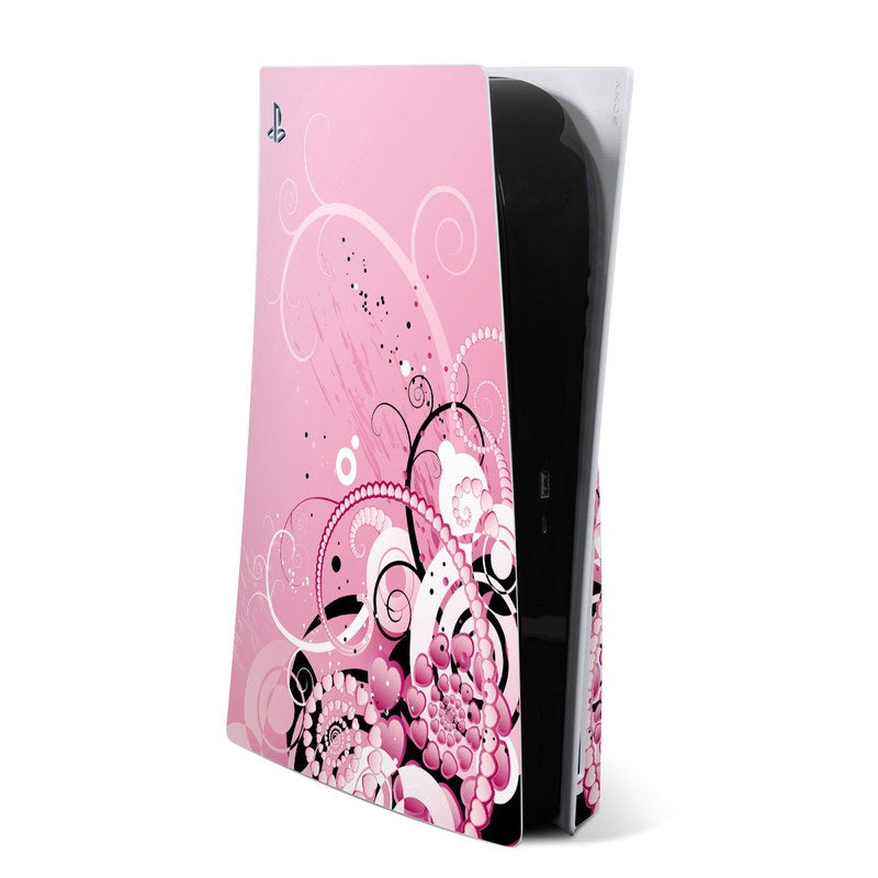 PlayStation 5 console skin with pink abstract graphics over a black base