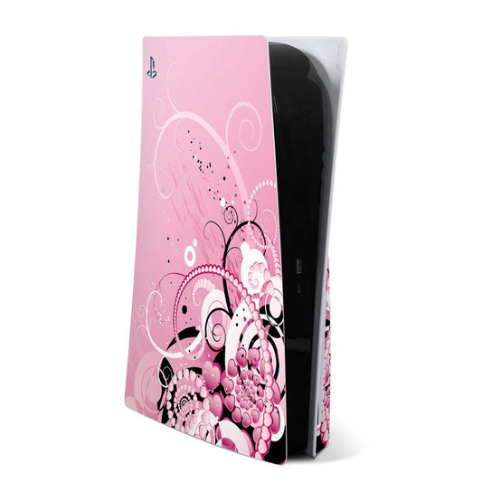 PlayStation 5 console skin with pink abstract graphics over a black base