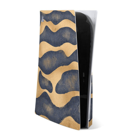 Sony PS5 console skin with blue and tan camouflage wave pattern