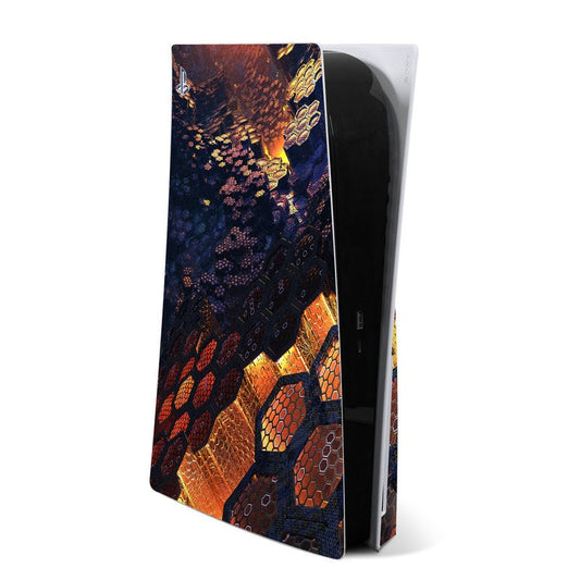 PlayStation 5 console skin decal with dark blue, orange, gold hex pattern