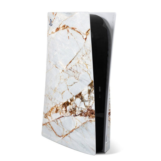 White and gold marble PS5 skin with brown veining, console cover panel