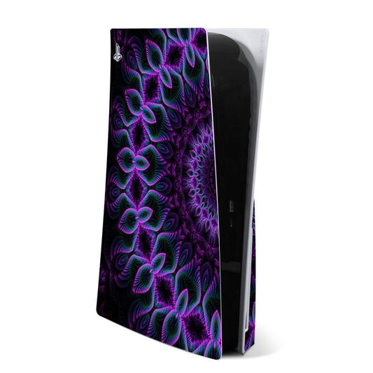 Sony PS5 skin with purple and teal abstract flower pattern, glossy wrap