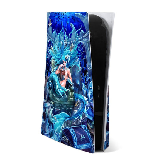 PS5 console skin with blue anime character artwork, full-panel wrap design