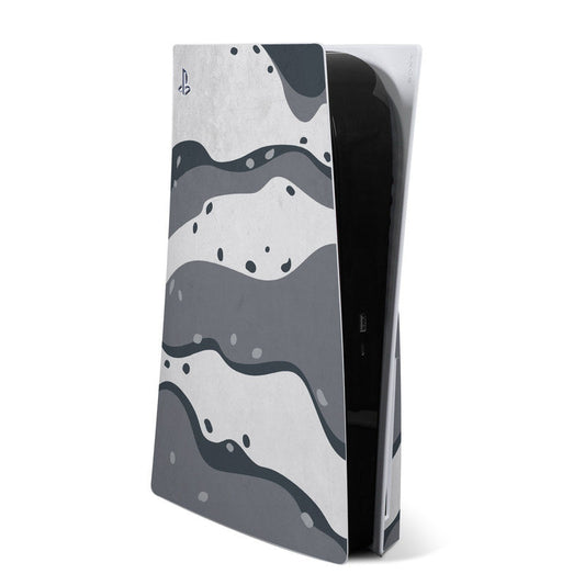 Sony PS5 console skin with abstract gray-and-white jet splash pattern