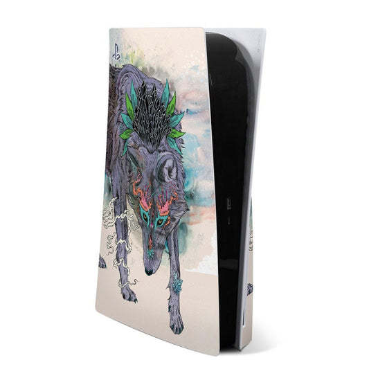 Sony PS5 skin with detailed wolf and teal accents on beige graphic
