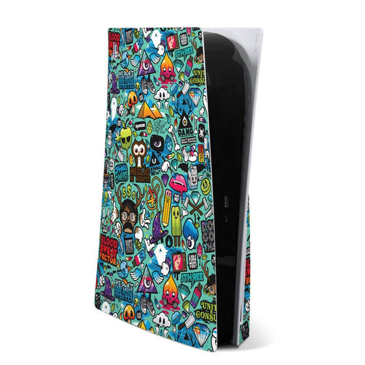 PlayStation 5 skin with colorful cartoon icon pattern on teal background