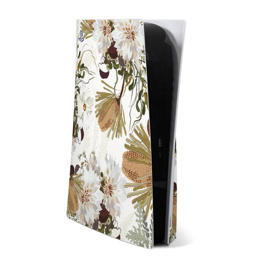Floral Sony PS5 skin decal sheet with beige, gold, and maroon botanical pattern