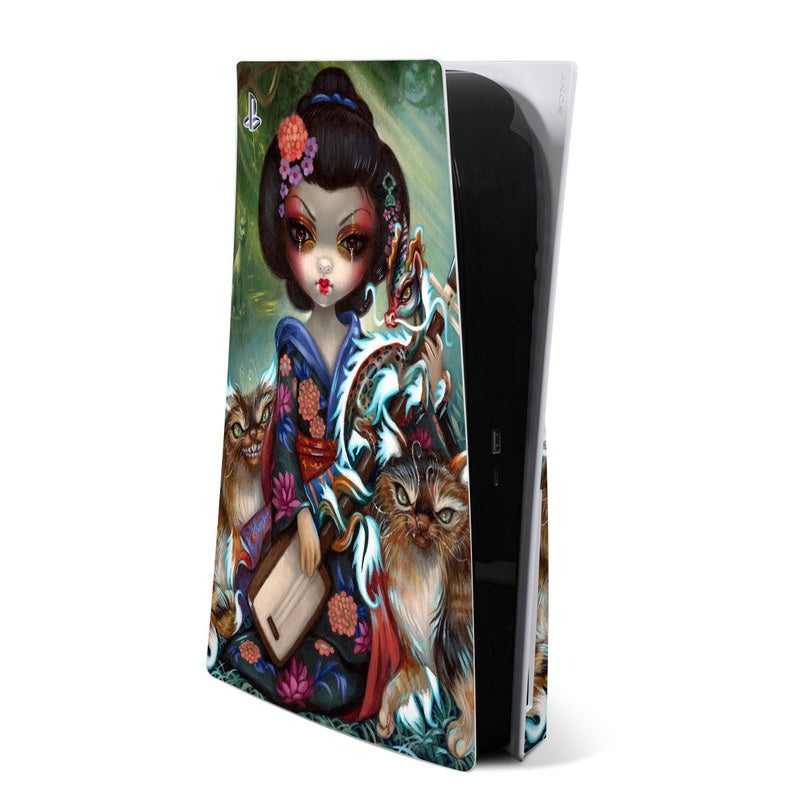 PS5 skin decal featuring stylized girl with cats and colorful fantasy artwork