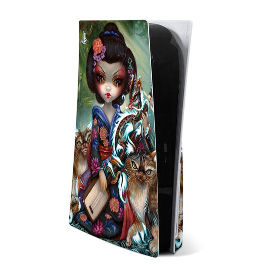 PS5 skin decal featuring stylized girl with cats and colorful fantasy artwork