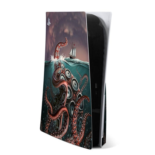 Kraken PS5 console skin with teal octopus tentacle artwork