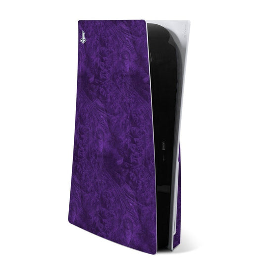 Purple lacquer-style PS5 skin with swirling texture, full-coverage panel design