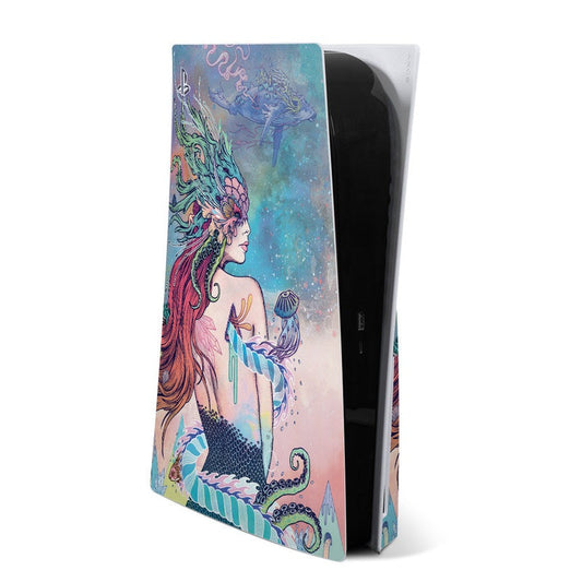 PS5 console skin with mermaid illustration on teal, pink, and blue artwork panel