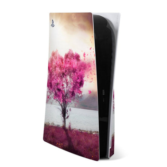 PS5 skin decal with pink-purple tree landscape design