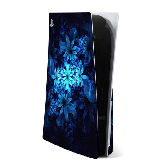 PS5 console skin with luminous blue floral pattern, front and side