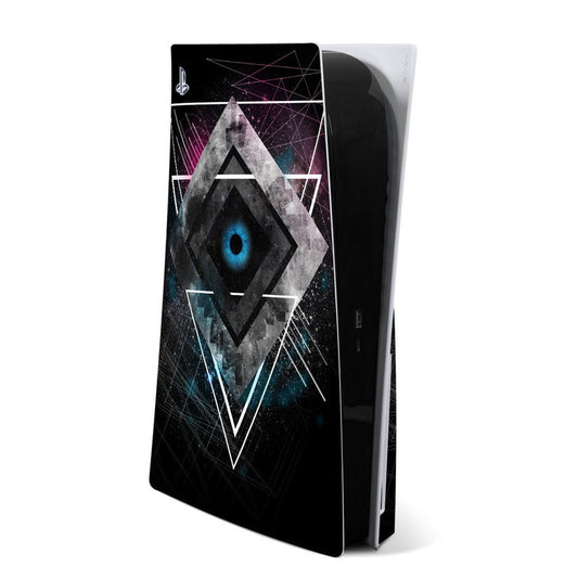 Sony PS5 skin with black geometric lunar eye pattern, vinyl decal for console