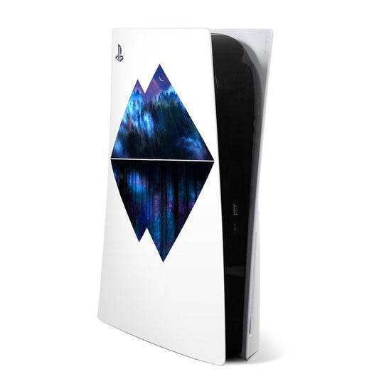 Sony PS5 console skin with blue abstract diamond graphic on white backing