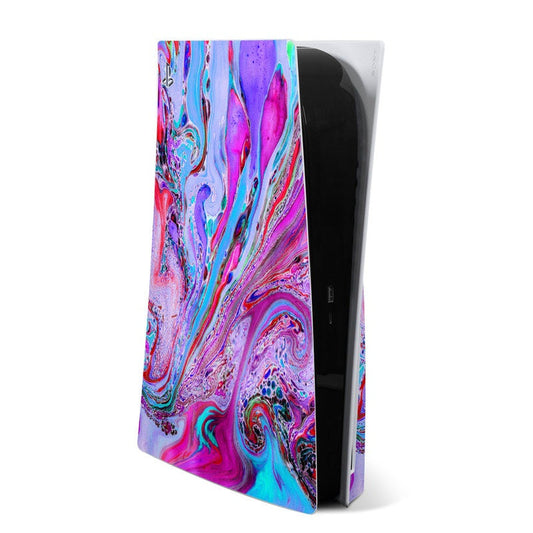Sony PS5 skin with glossy marbled swirl in purple, pink, and blue