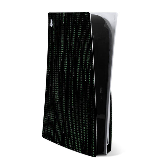 PlayStation 5 console skin, black with green code matrix pattern, full-body cover