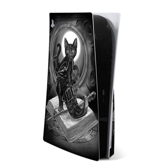 PS5 console skin with grayscale black cat character and occult-style graphics
