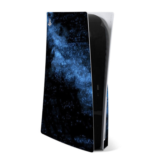 Galaxy-themed PS5 console skin with blue and black starfield design