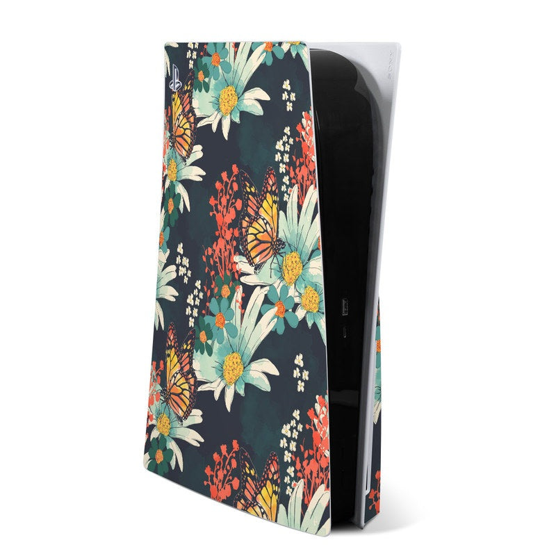 Sony PS5 console skin with dark floral and butterfly pattern, teal and coral accents