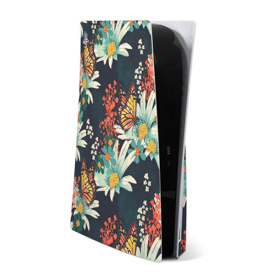 Sony PS5 console skin with dark floral and butterfly pattern, teal and coral accents