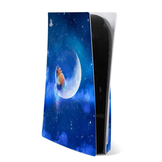 Sony PS5 skin with moon and fox on blue starry background