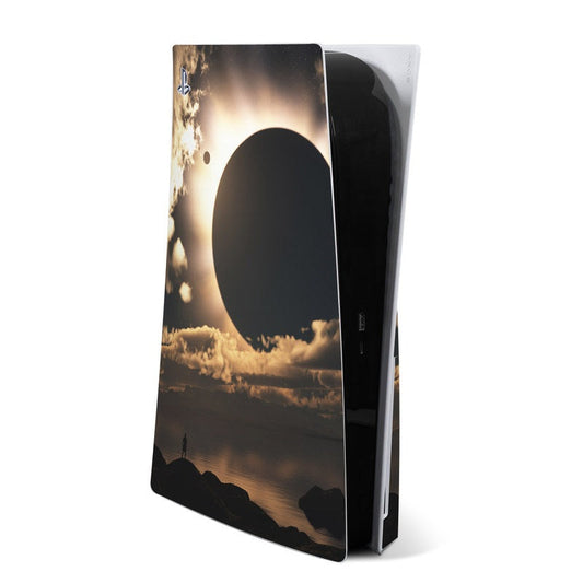 PS5 console skin with moon-and-mountain artwork wrap for front panel