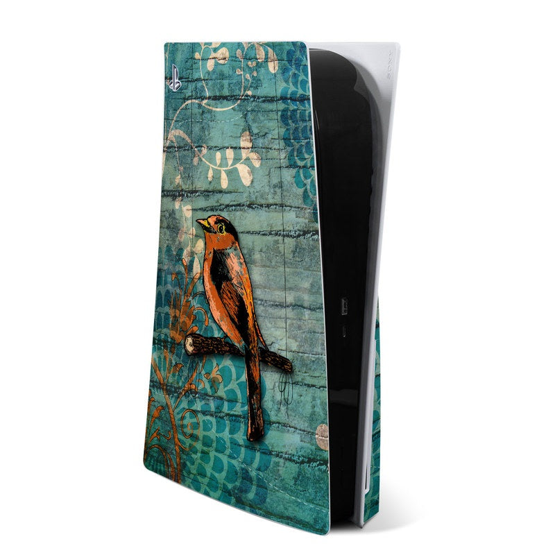 PS5 skin with teal background and orange bird illustration, decorative pattern
