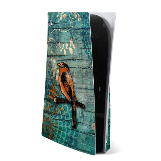PS5 skin with teal background and orange bird illustration, decorative pattern