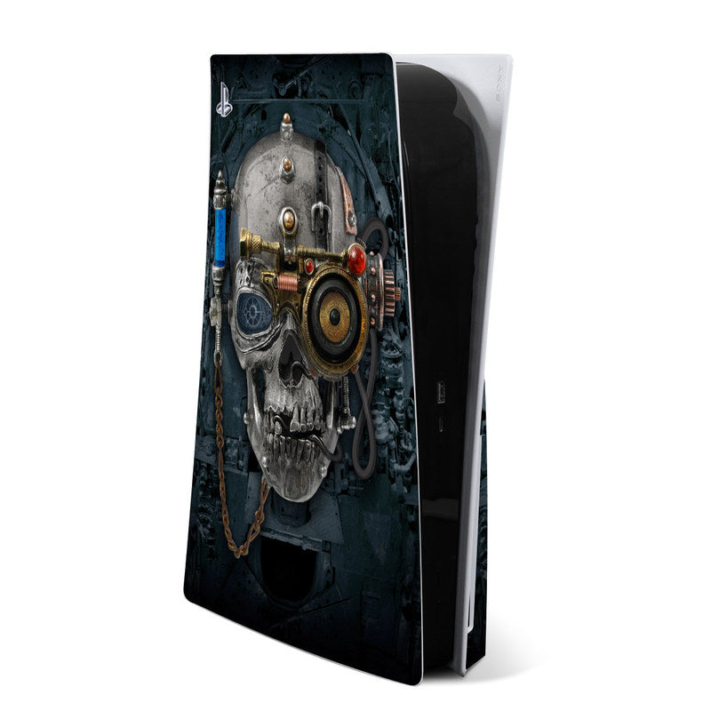 PS5 skin with dark skull and steampunk gears artwork