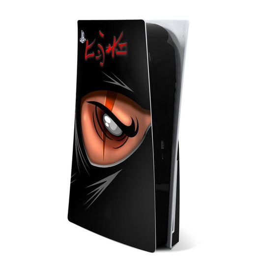 PlayStation 5 console skin, black with red ninja lettering and stylized eye graphic