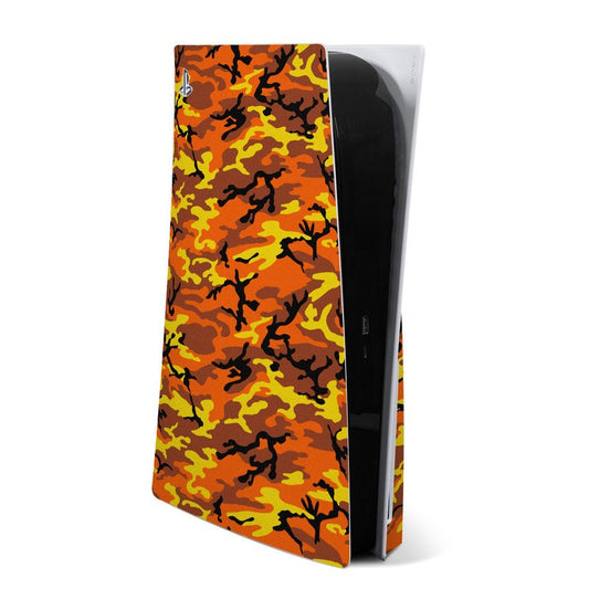 Orange camo PS5 console skin covering front and side panels