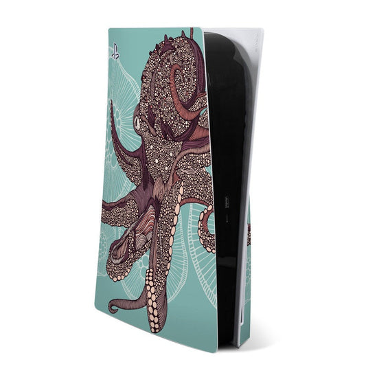 Octopus-themed PS5 console skin with teal background and purple octopus artwork
